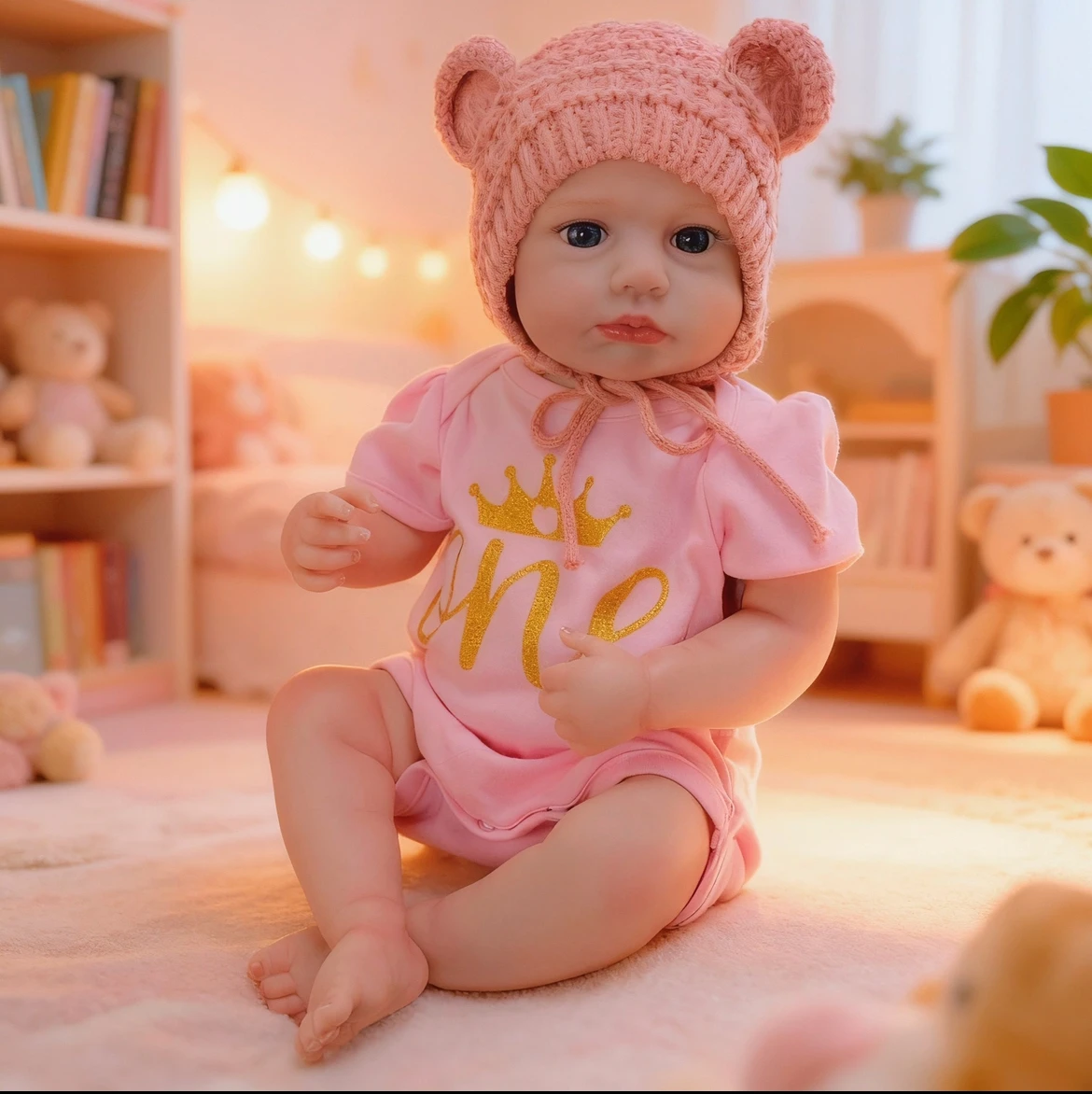 Cozy 19" Reborn Doll in Ears Hat & Crown Jumpsuit, Ultra-Soft Realistic Newborn Baby Doll, A Snuggly Bundle of Joy for Christmas