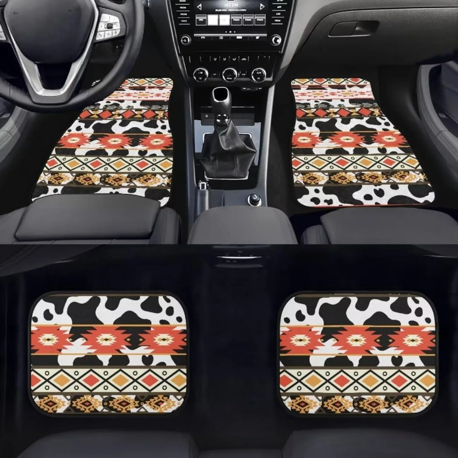 Ethnic Aztec Car Floor Mats Heavy Duty Rubber Floor Mats, Cow Print Auto Carpets Cushion Cars Interior Accessories Protector, I