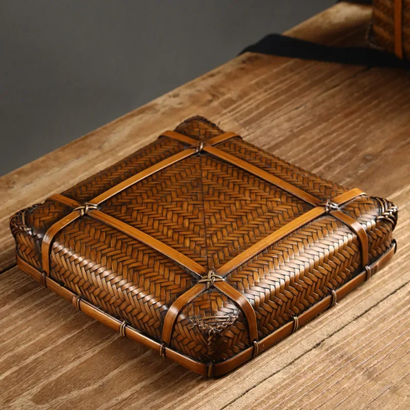 Chinese Bamboo Weaving Square Storage Box For Old Tea Cage Tea Ceremony Accessories Portable Spring Outing Picnic Basket