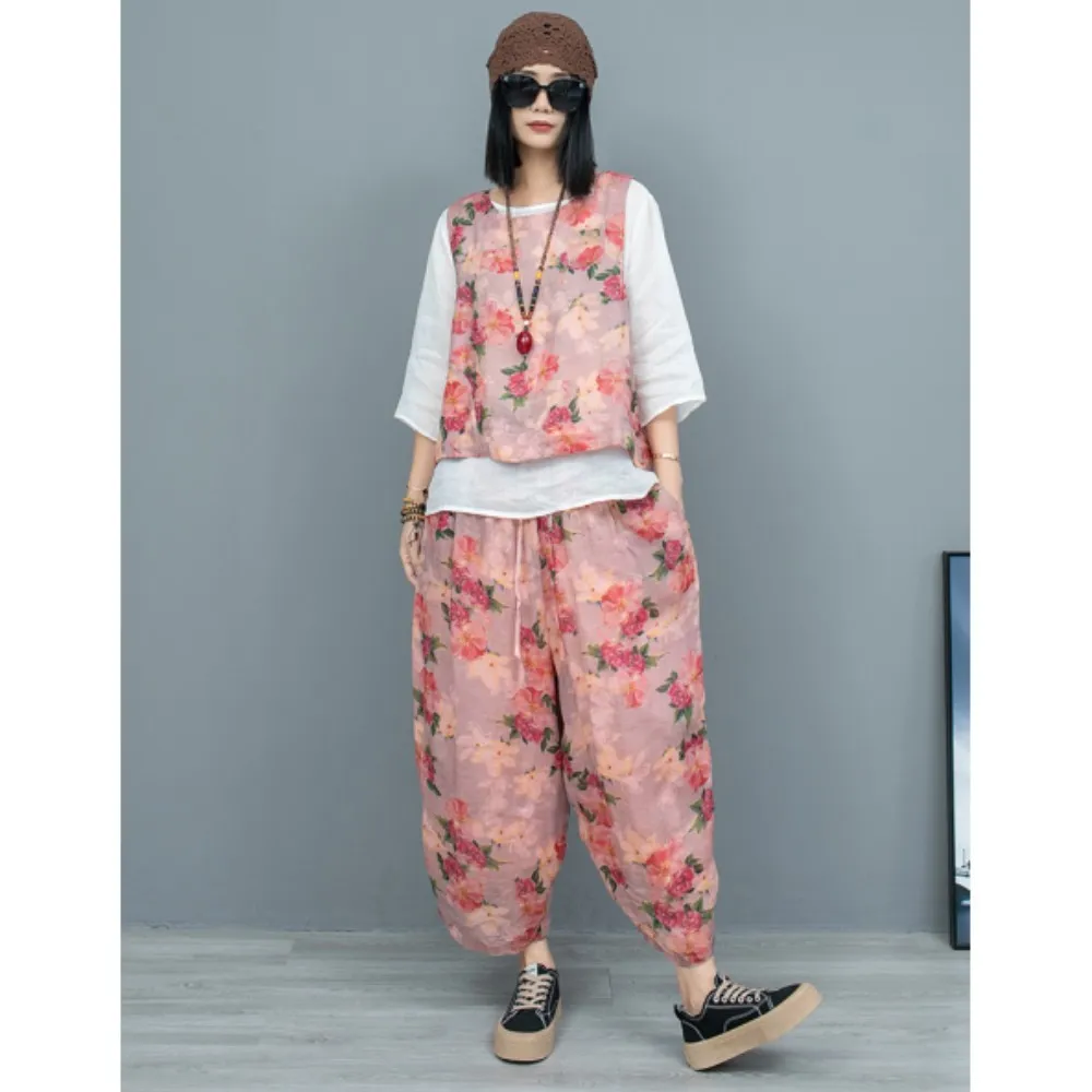 

Chinese Style Floral Ramie Round Neck Vest + Pant Two-piece Set Women 2024 Summer Lightweight Cool Fashion Pant Set ZF098