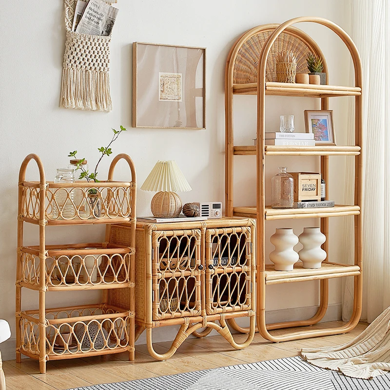 Handmade rattan creative bookcase, floor shelf for storing multi-storey domestic balcony