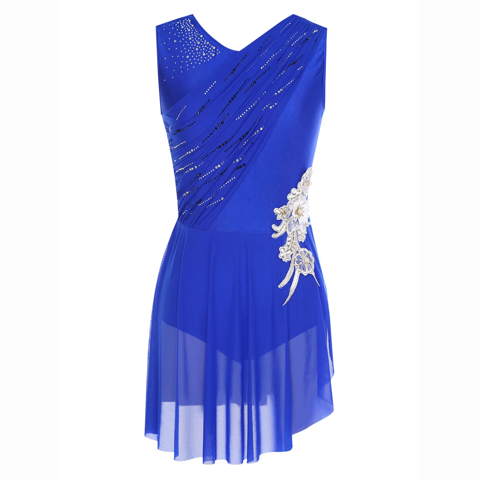 Womens Lyrical Dance Dress Figure Skating Gymnastics Dancewear Sleeveless Ruched Mesh Overlay Shiny Rhinestones Leotard Dress