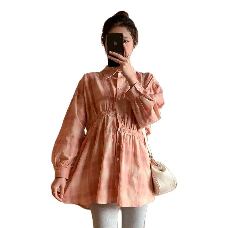 

Spring Maternity Cotton and Linen Shirts Long Sleeve Turn-Down Collar Button Fly Loose Vintage Plaid Blouses Pregnancy Clothes