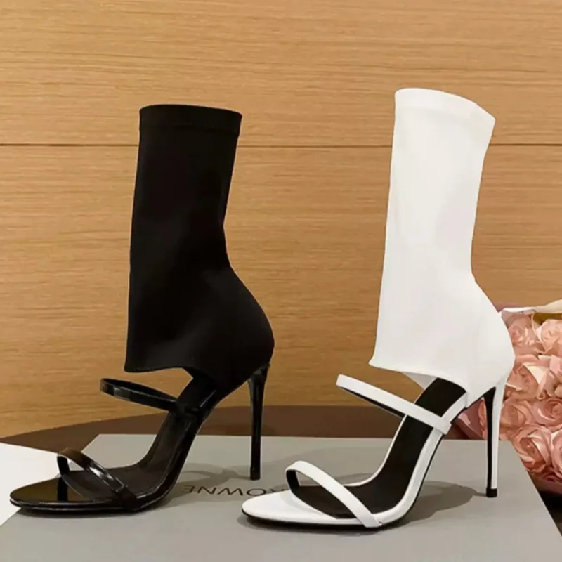 

Fashion Women White Black Leather Narrow Bands Hollow Thin Heels Mid-calf Boots Ladies Roman Stretch Short Boots Shoes