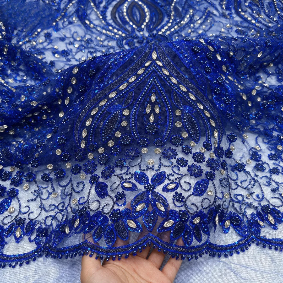 African Groom Lace Fabric High Quality French Nigerian Sequins Beaded Rhinestone Geometric Tulle Lace for Wedding Party Dress