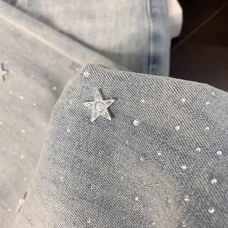 الثقيلة ستار حجر الراين لامعة الضوء الأزرق الجينز المرأة الصيف عالية الخصر سليم تمتد متوهج السراويل