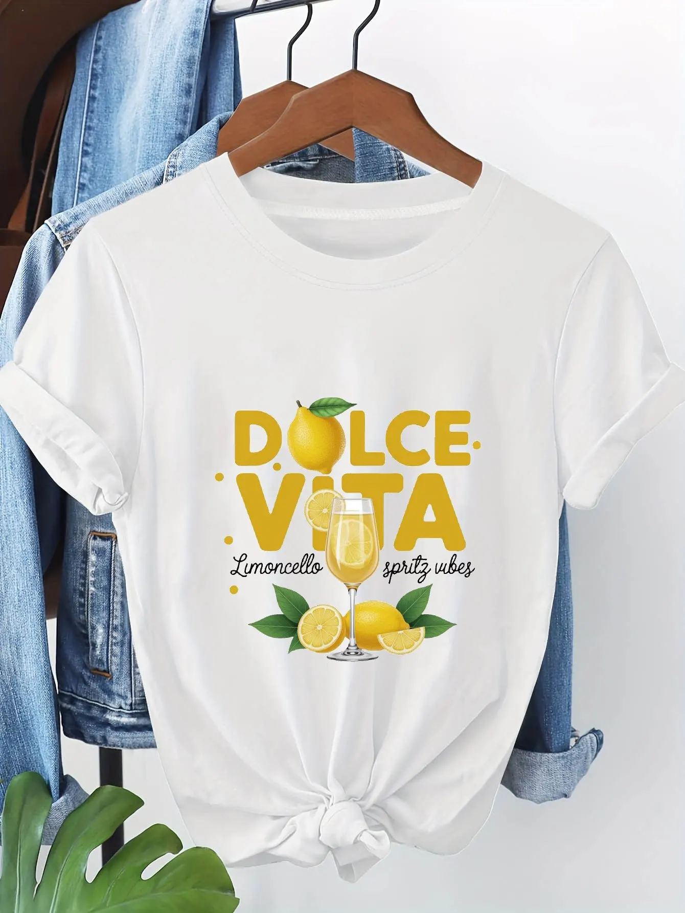 Camiseta de manga corta para mujer DOLCE VITA Limoncello spritz vibes, top informal con cuello redondo y estampado de letras italianas para verano y primavera