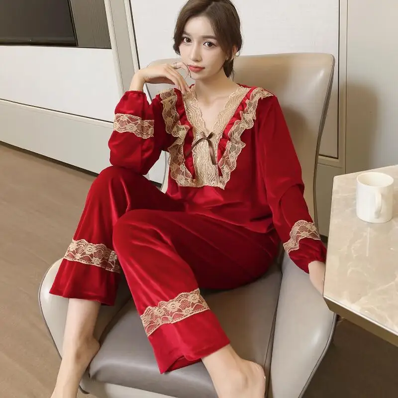 

Women's Clothing Autumn and Winter New Velvet Pajamas Fleece-Lined Sexy Long Sleeves Pants Lace Keep Warm Homewear Suit
