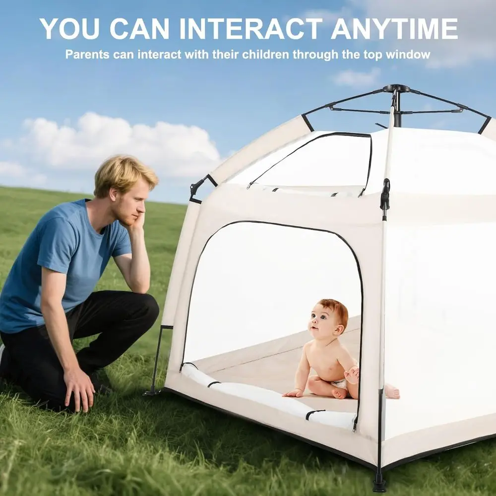 Box portatile per bambini con baldacchino, tenda da spiaggia per esterni, zanzariera per interni ed esterni (beige)