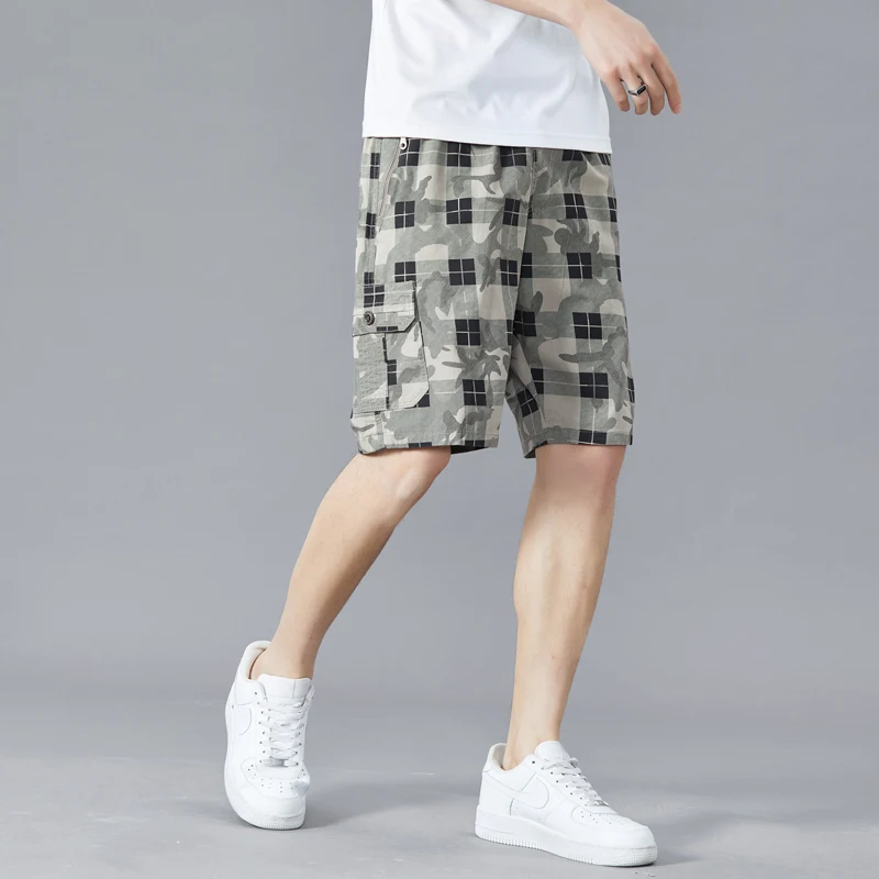 Summer Plaid Cargo Shorts Men Outdoor Drawstring Cotton Tactical Shorts Lightweight Military Hiking Shorts Male