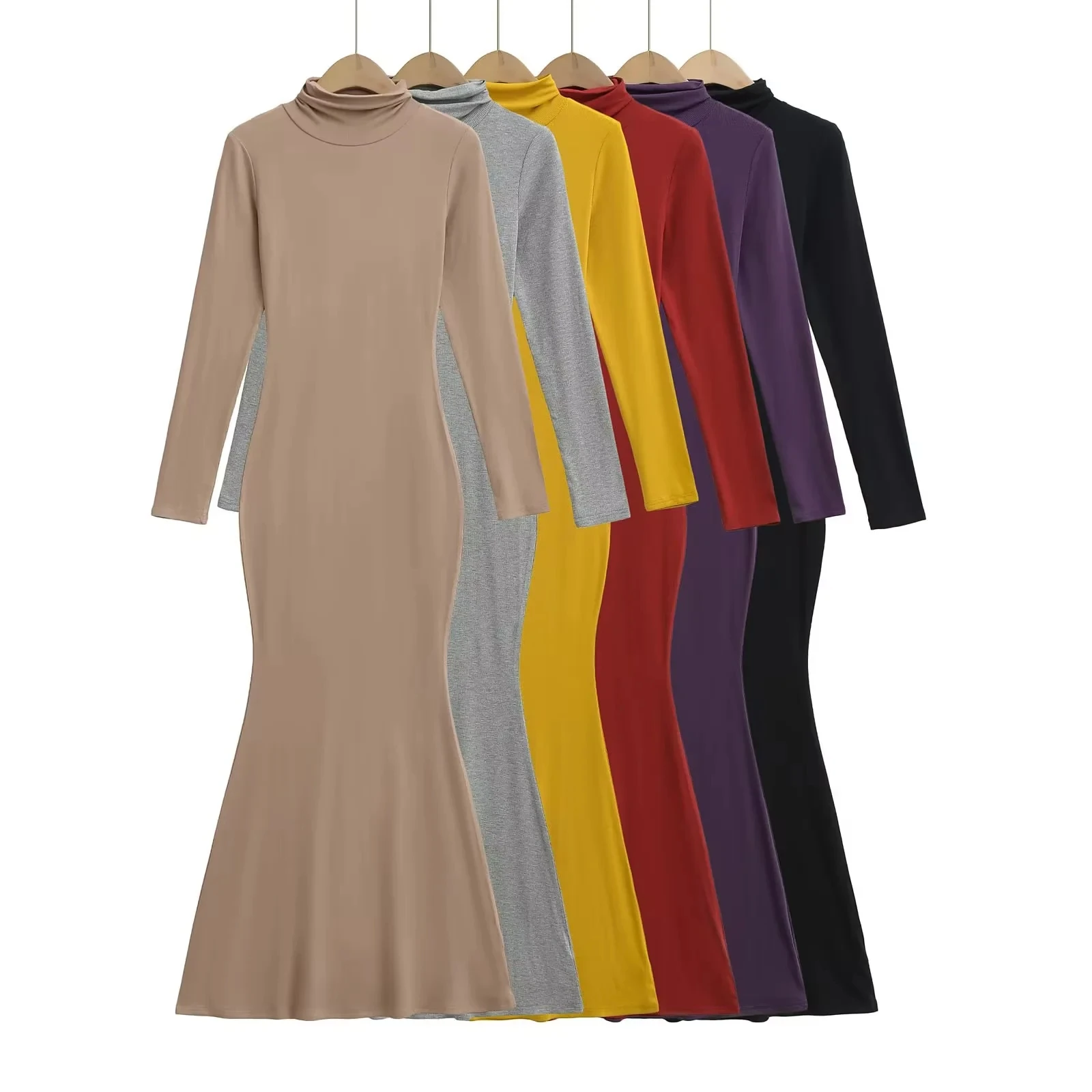 

Sexy Long Sve High Collar Fi Tail Dr Women's Spring Autumn Elastic Waist Slim Fit Base Coat Hip Long Dr