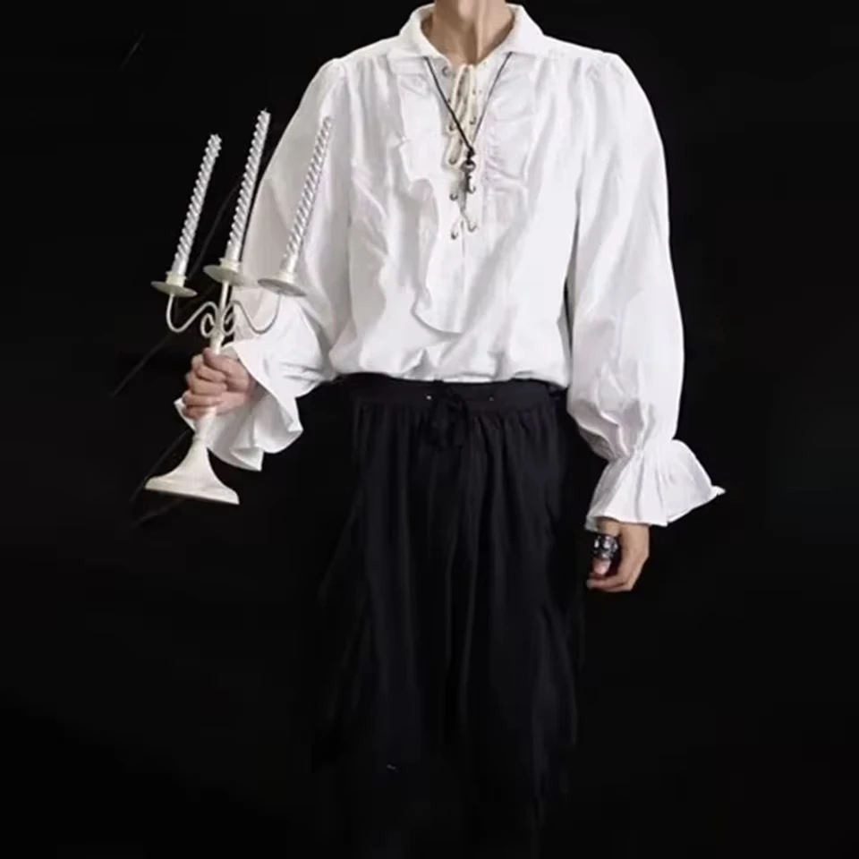 Mens Ruffled Long-Sleeved Shirt  New Autumn Genderless Elegant Palace Style Retro Medieval Stage Performance Clothing Unisex
