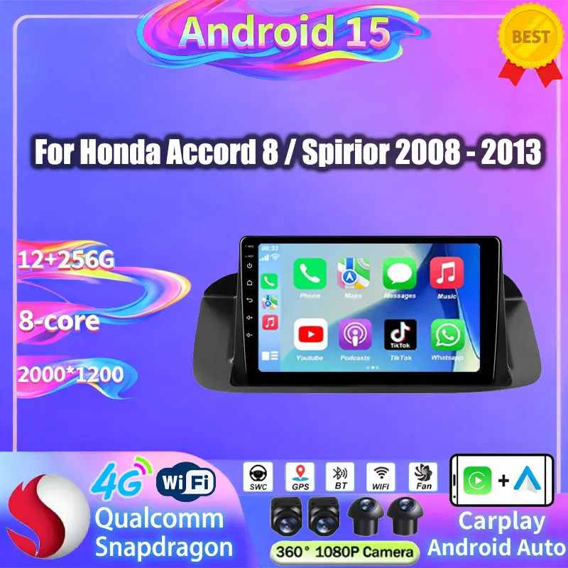 Android 15 Car Radio For Honda Accord 8 / Spirior 2008 - 2013 Wireless Carplay Auto QLED Head Unit DSP Multimedia Video Player