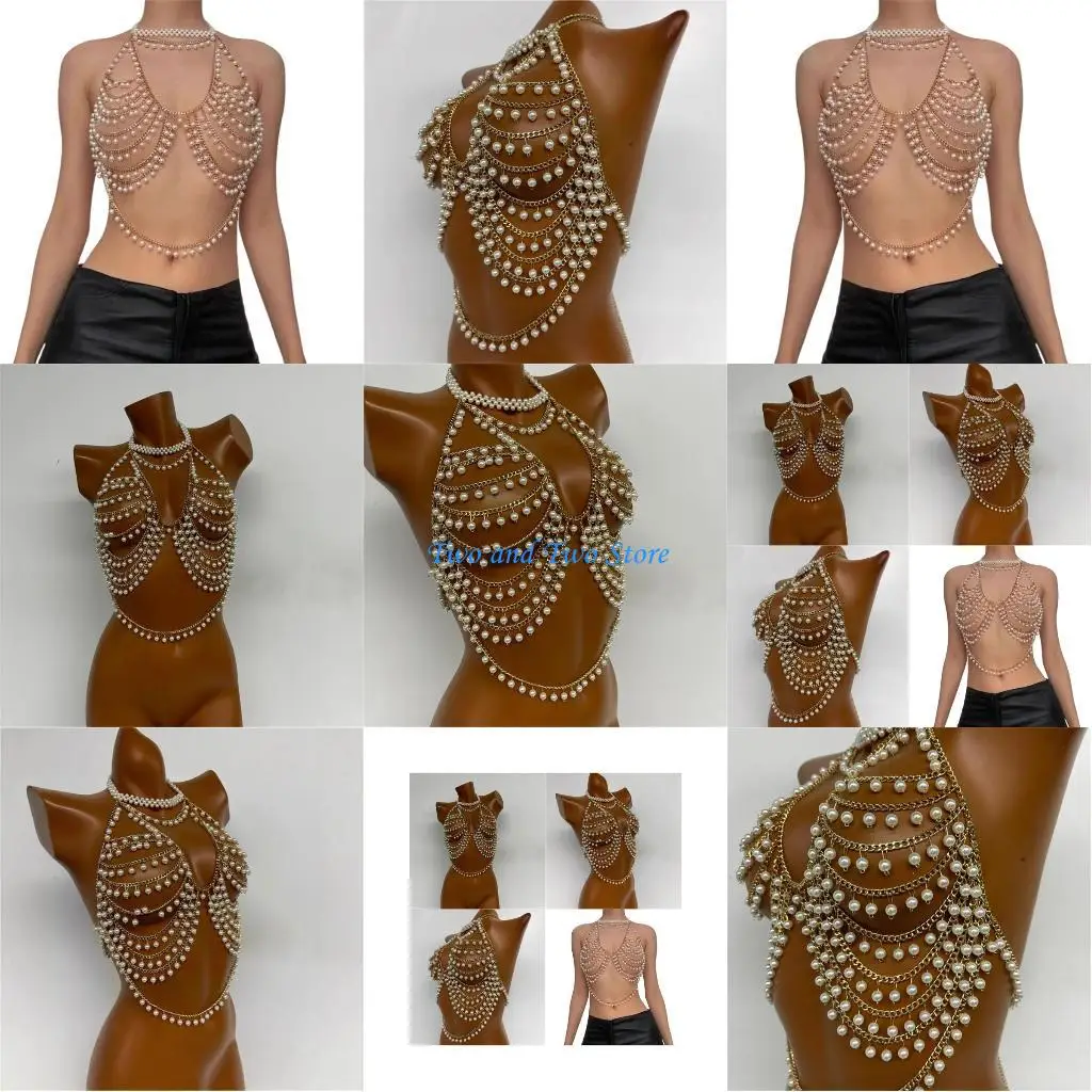 

HX6F Women Multi Layer Pearls Beaded Halter Neck Crop Top Body Jewelry Bra Chain Sleeveless Camisole Festival Party Outfit