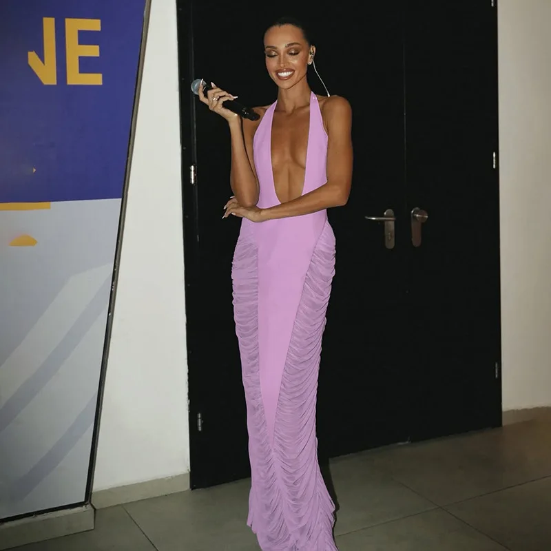 Geraffte Sheer Mesh Patchwork Bodycon Maxi Party Kleid Frauen Elegante Sexy Tiefem V-ausschnitt Ärmellose Halter-Backless Dünne Lange Robe