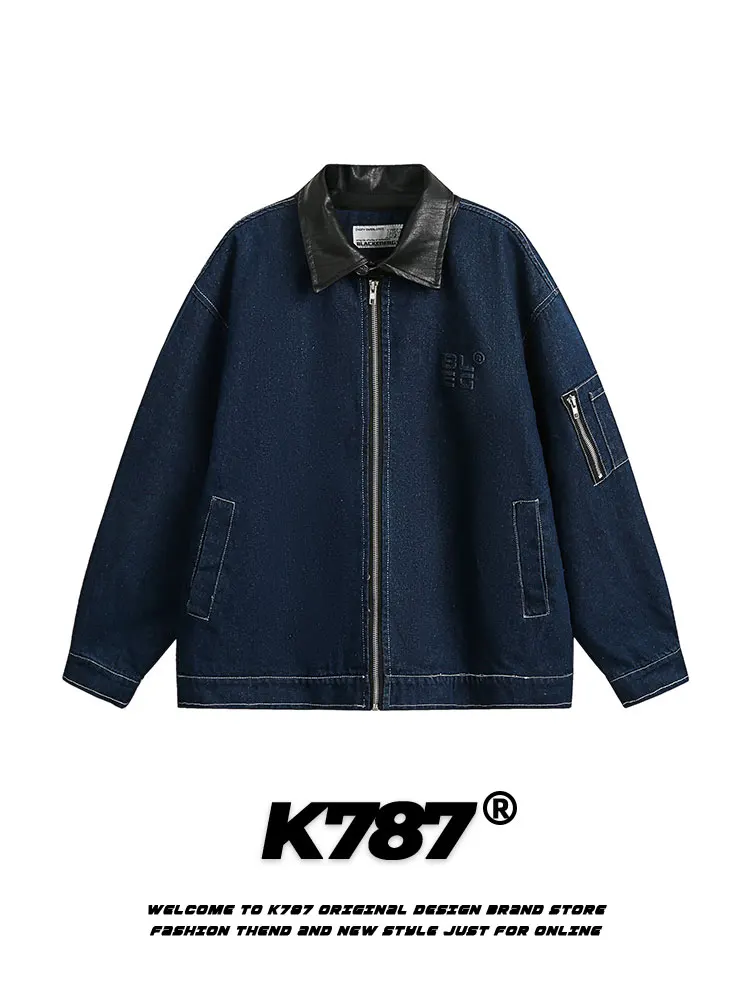 

K787 American Retro College Sle PU Leather Collar Denim Jaet Loose ex Couple's Outerwear Spring Autumn Winter Cotton ...
