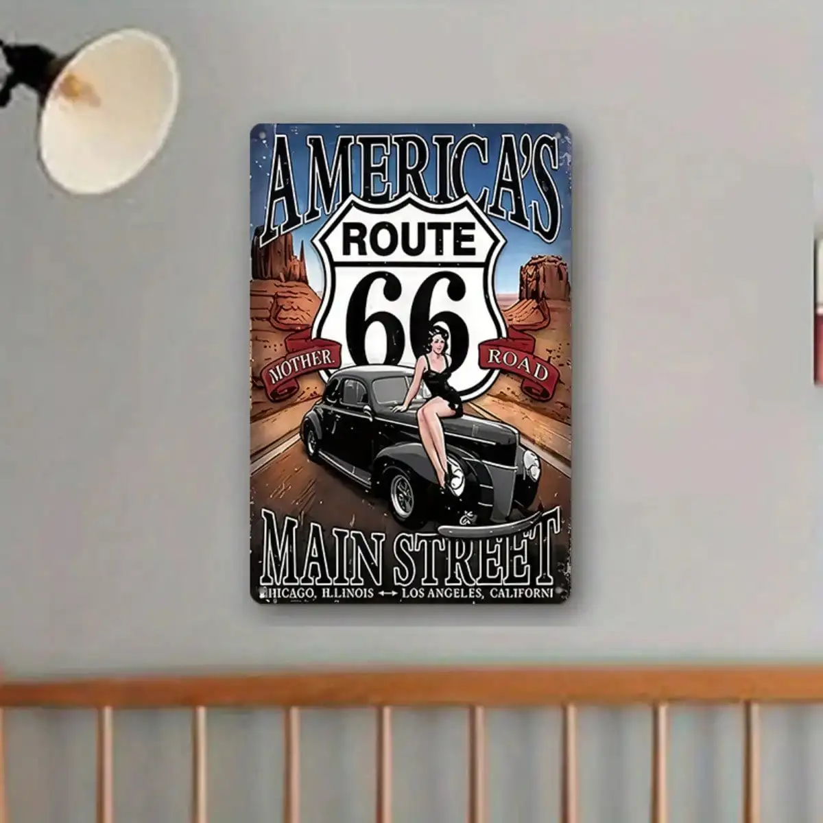 

1PC Tin Sign Vintage Route 66 - Classic Car/Pin-Up Girl Retro Decor, Main Street America, 8x12In/20x30cm