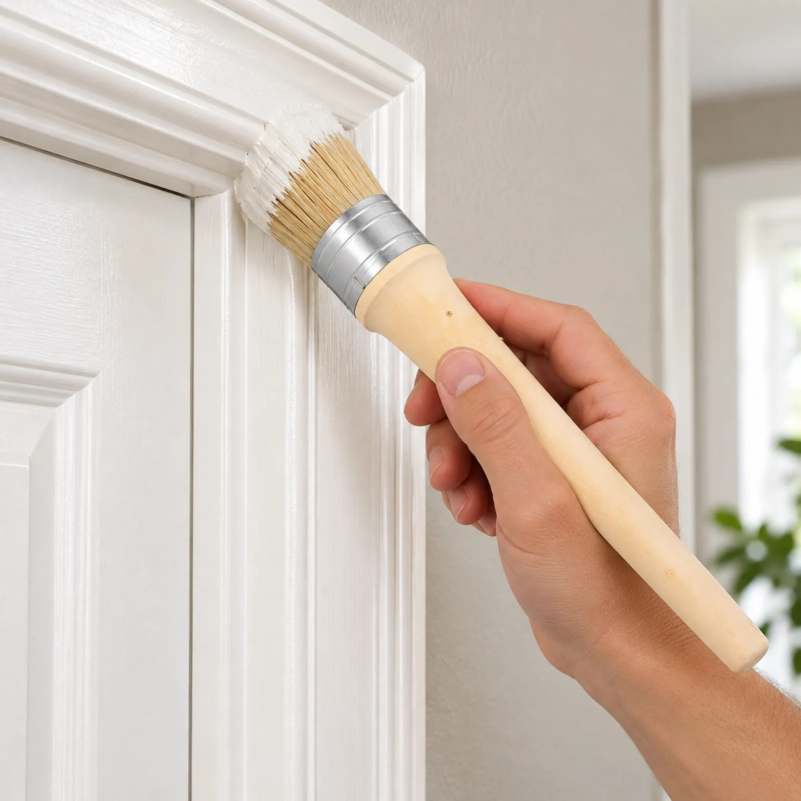 40Mm Round Wood Brush Natural Bristle Wax Brush for Furniture Painting Stenciling Home Tables Walls Precision