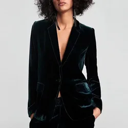 Blazers de terciopelo verde oscuro para mujer, chaqueta informal lisa de manga larga con un solo botón, chaqueta de oficina OL para otoño, abrigo ajustado 2023