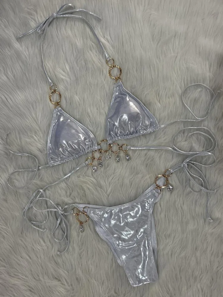 New 2026 Luxury Rhinestones String Bikinis Set Women Summer Beach 2 Piece Swimsuit Female Triangle Swinwears