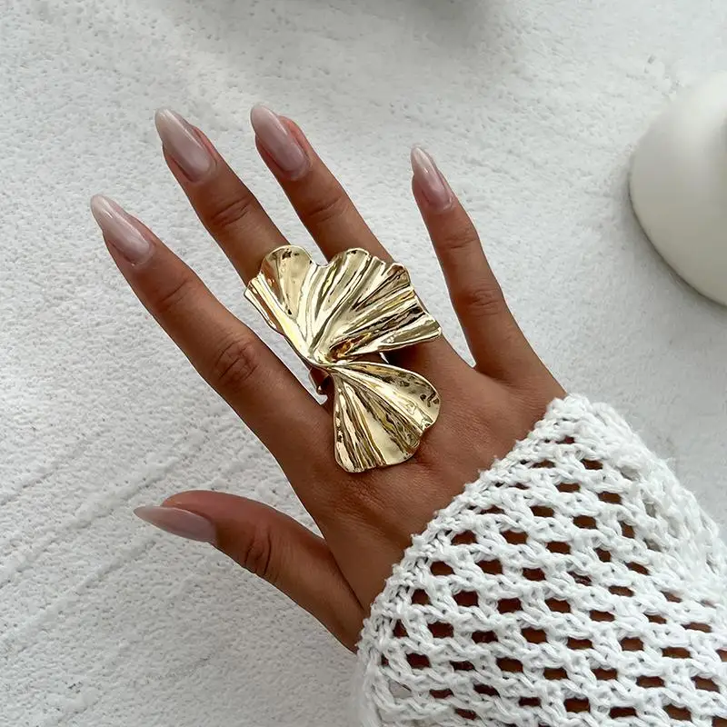 Gold Irregular Texture Rings for Women Leaf Design Adjustable Fashion Statement Open Band Jewelry for Party