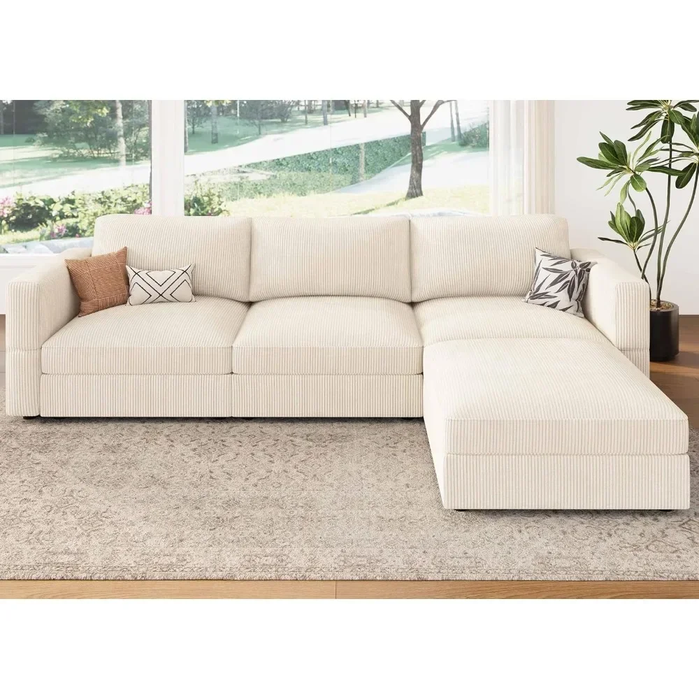 Modular Sectional Couch with Storage Corduroy Sectional Sofa with Chaise L Shaped Sectional Couches for Living Room,Beige