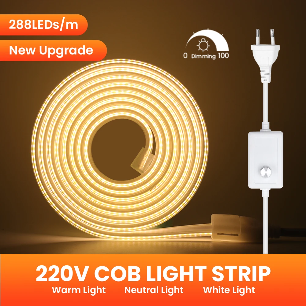 AC 220V COB LED Strip Lights 288LED/m Adjustable Brightness Outdoor Waterproof Lamp 3000-6500K With Dimmer Switch EU Power Kit