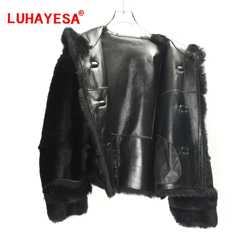 2024 bazar casaco de pele de cordeiro shearling feminino inverno luhayesa engrossar com capuz casaco de pele genuína