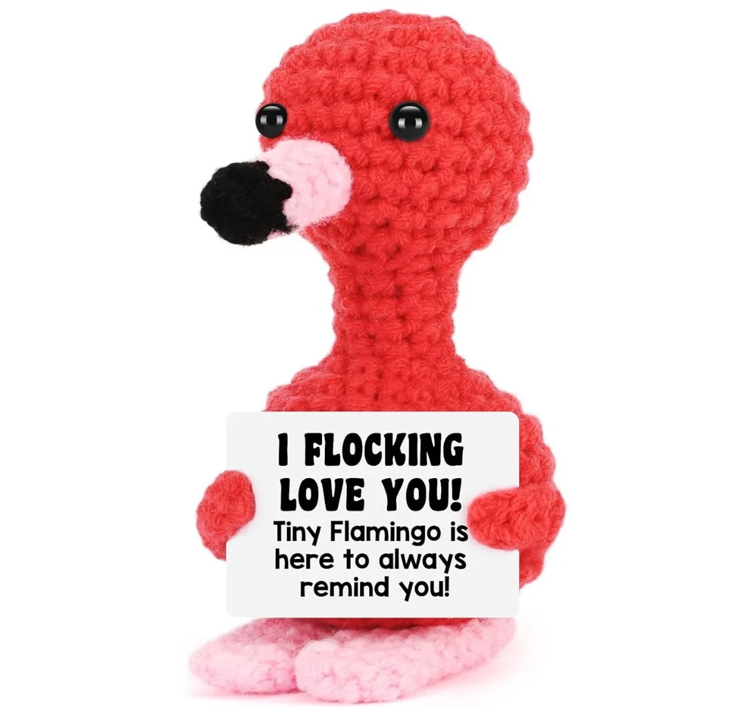 مضحك الكروشيه الدعم العاطفي إيجابي فلامنغو دمية مع بطاقة غرفة المنزل الديكور اليدوية الصوف محبوك فلامنغو حلية