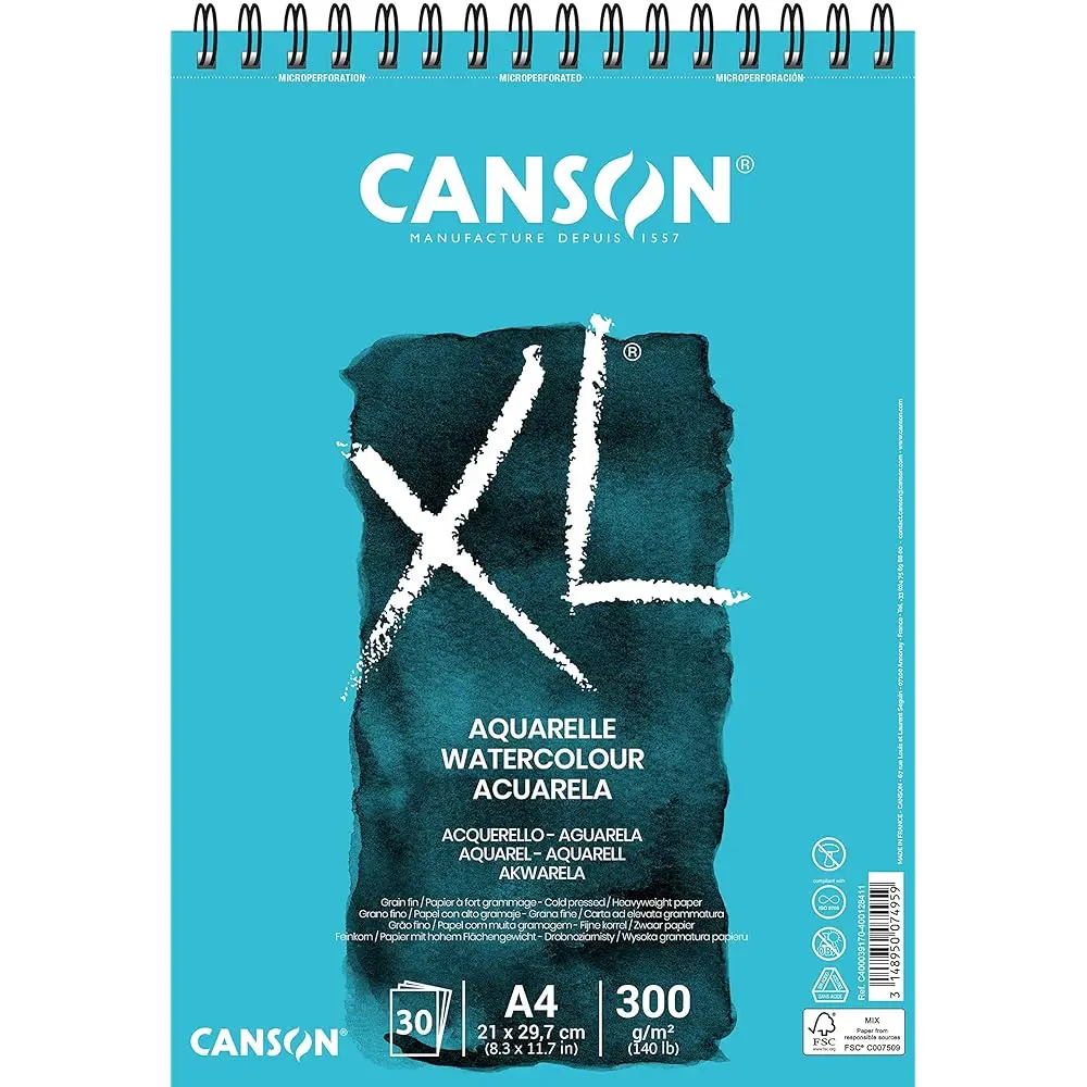 

Бумага для акварели CANSON XL, 300 г/м², формат А4, холодного прессования, блок на спирали, короткий бок, 30 белых листов, идеально подходит для профессиональных художников