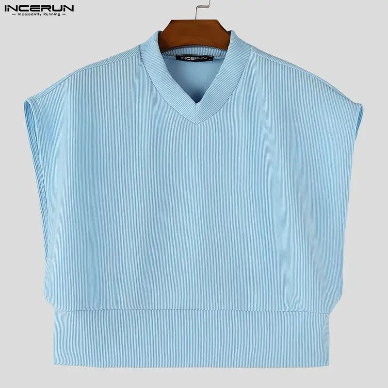 INCERUN Men's Tank Tops Solid Color V Neck Sleeveless Loose Crop Tops For Man Summer Streetwear 2026 Fashion Casual Men Clothes