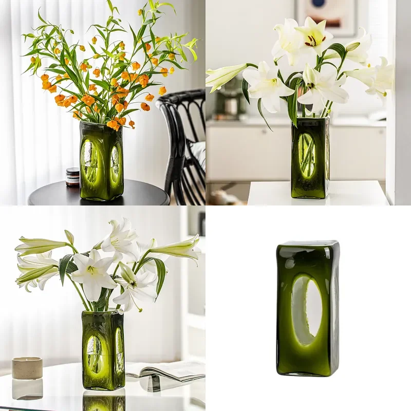 Green Glazed Glass Vase Transparent Hydroponic Flower Arrangement Ornament for Living Room Light Luxury Home Decor