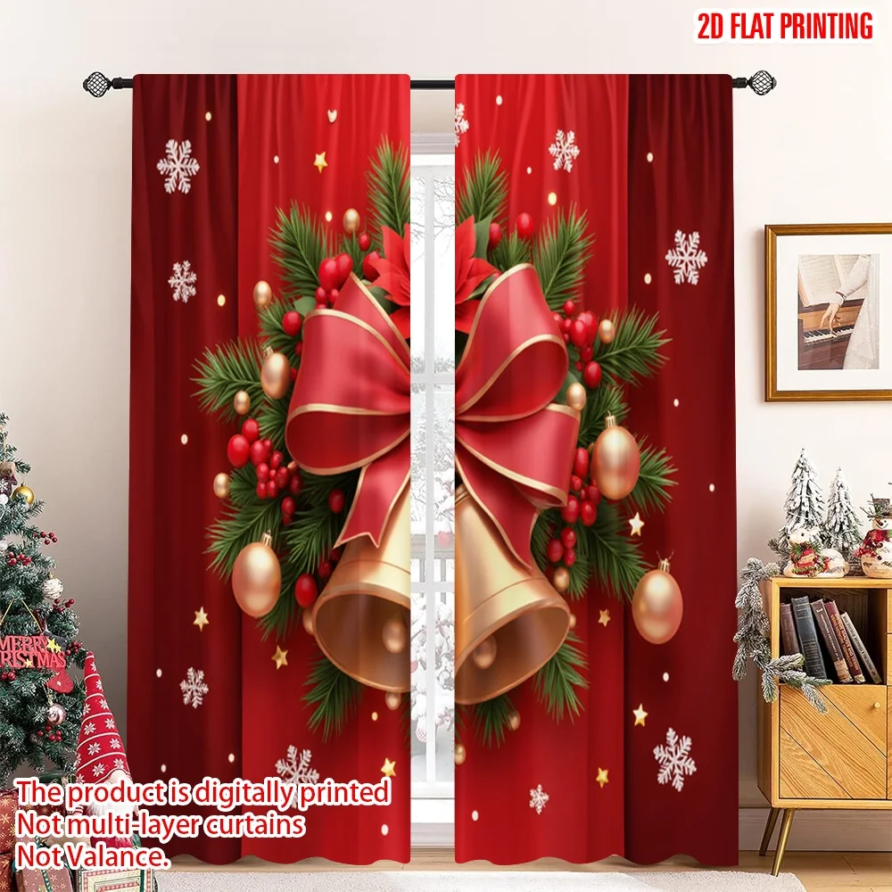 

2pcs 2D flat printing Merry Christmas Curtain Christmas Ribbon Bells Fabric Without Electricity Holiday Decorations Perfect for