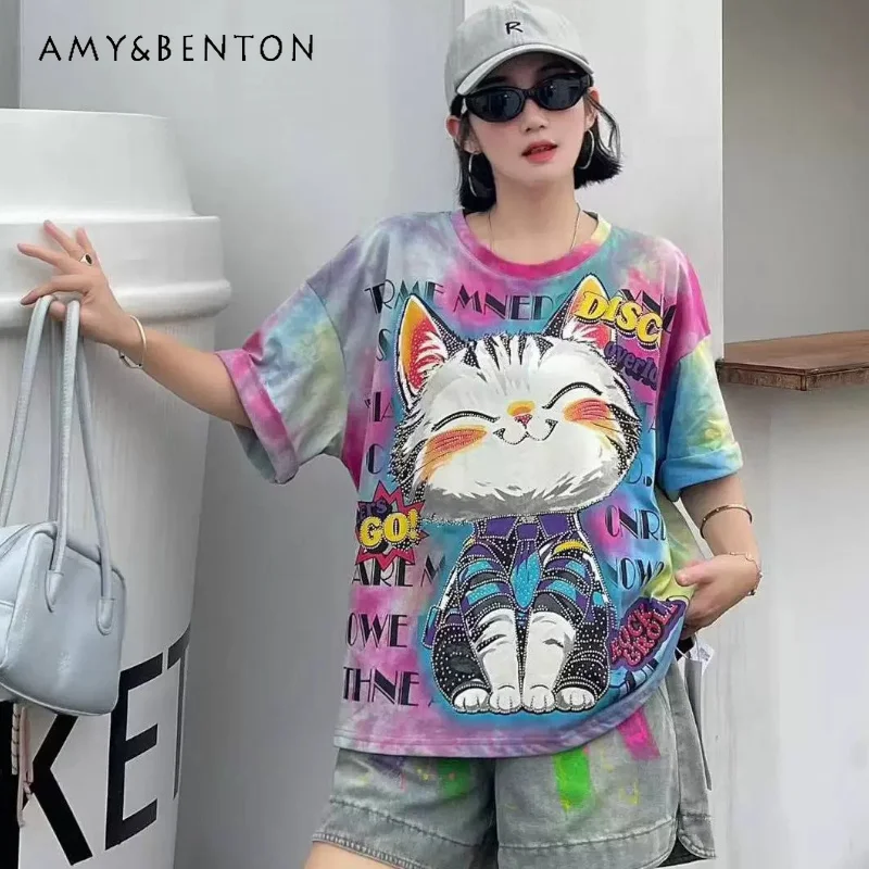 

Summer Korean Style Cat Tie Dye Short Sleeved T Shirt Women's Loose Slim Versatile Casual Soft Breathable Fashion Daily Wear Top