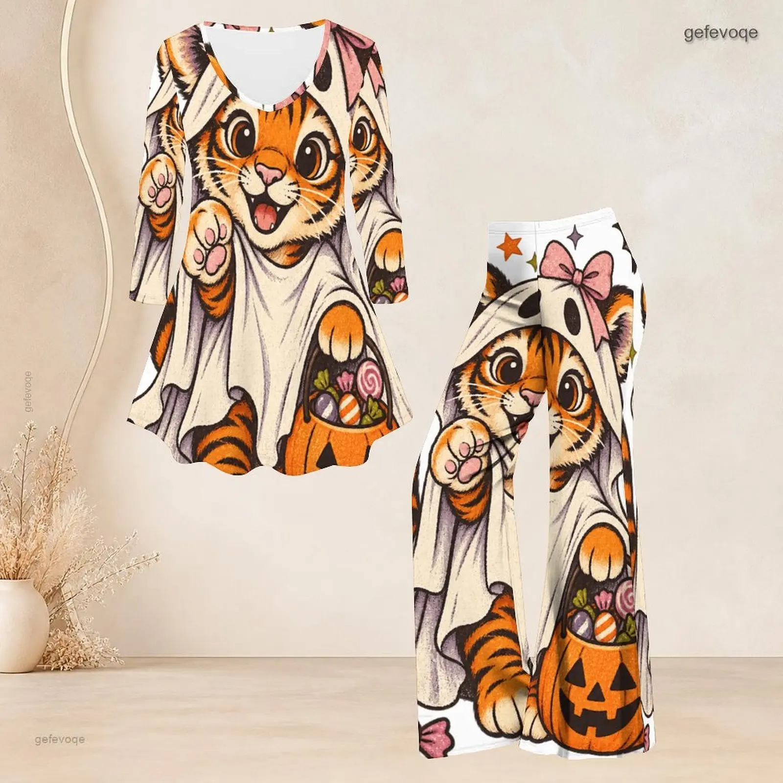 Women Printed Pants Set Round Neck Three Quarter Sleeve Flared Top Flared Pants Two Piece