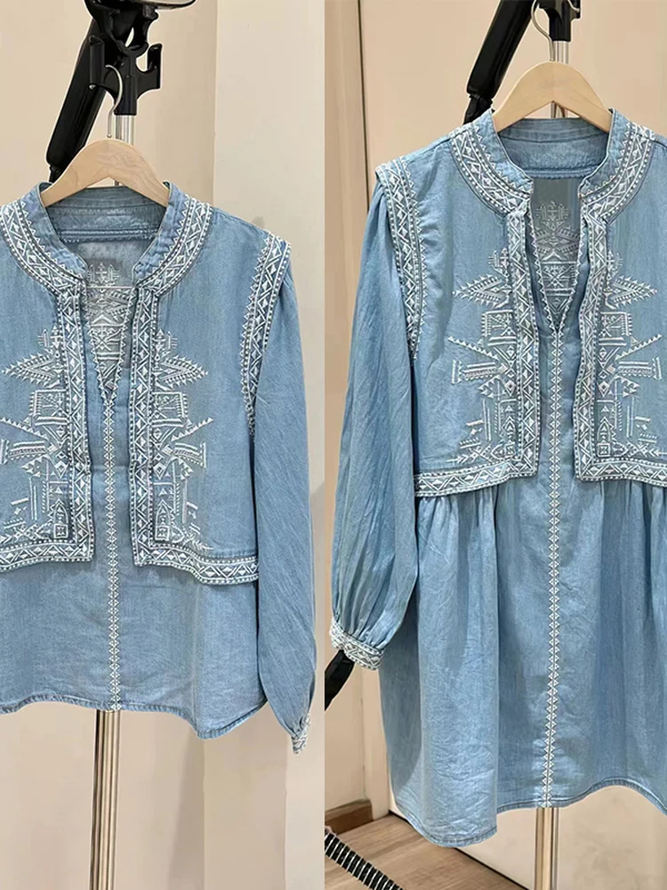 Early Autumn Light Blue Geometric Embroidery Fake Two-Piece Dress Top for Women V-Neck Long Sleeve Mid-Length Fashion Set