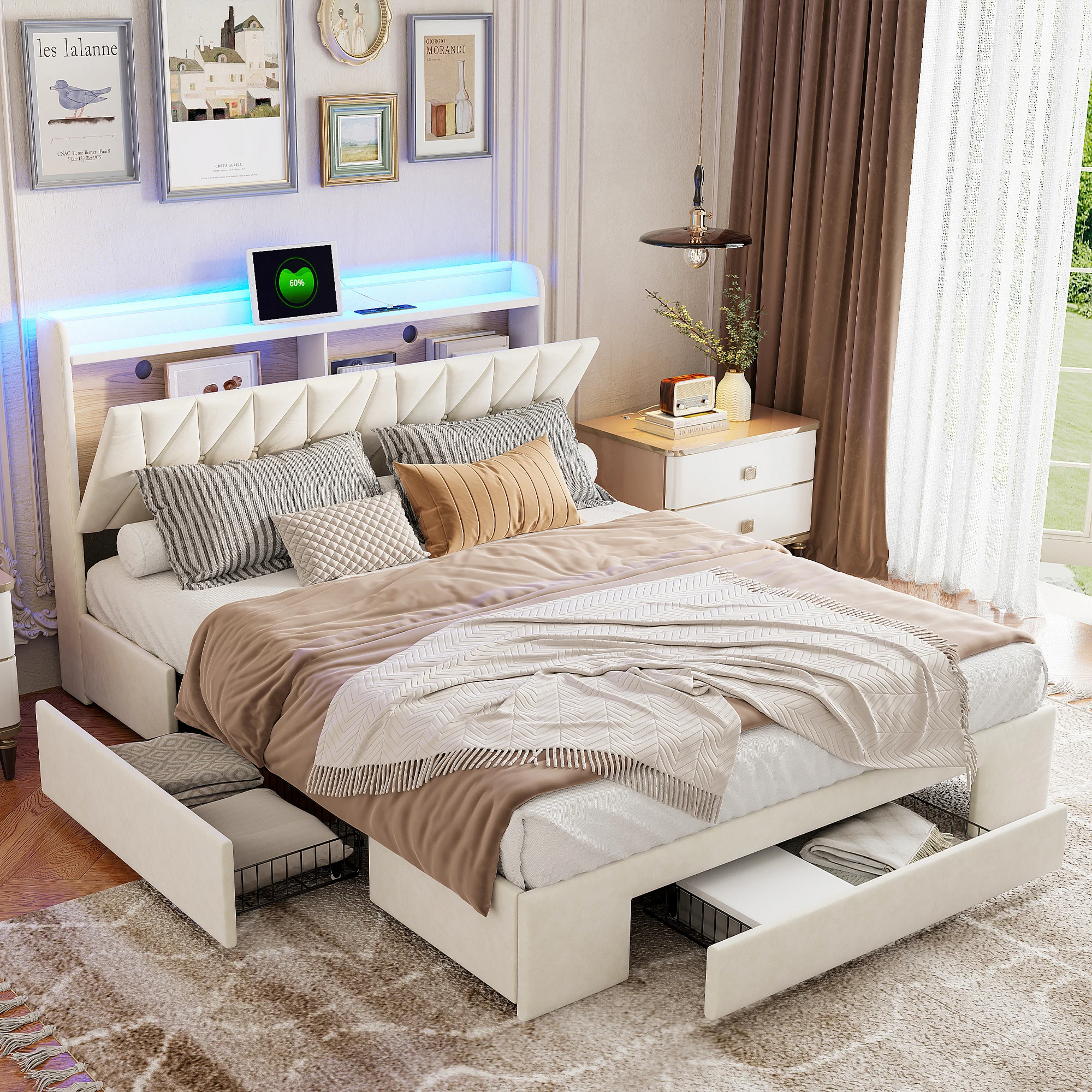 Lit double rembourré Fangange 160 x 200 cm, lit avec rangement et 3 tiroirs, tête de lit avec rangement, LED et USB, sans matelas
