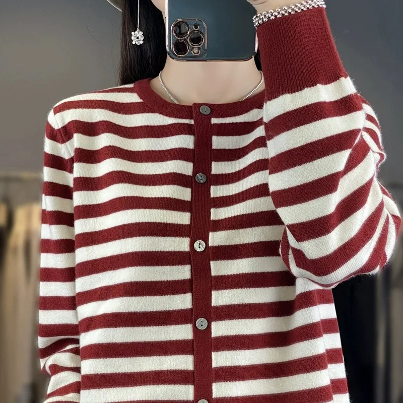 سترة نسائية مخططة طويلة محبوكة مفتوحة من الأسفل سترة خارجية مستديرة Ne فضفاضة للخريف والشتاء غير رسمية للعمر...