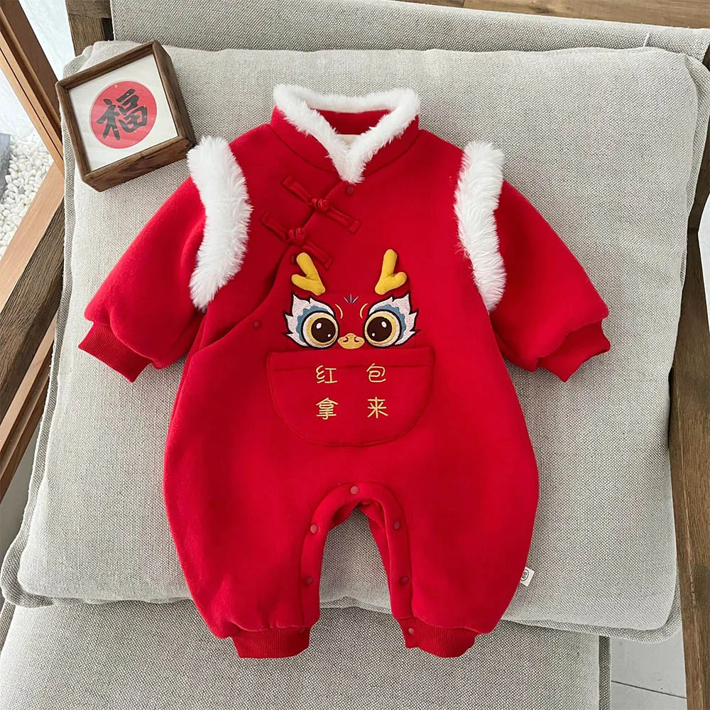 Baby Rompers Long Sleeve Winter Fleece Thicken Warm Newborn Boy Clothes Red Color Chinese Style New Year Baby Girl Onesie