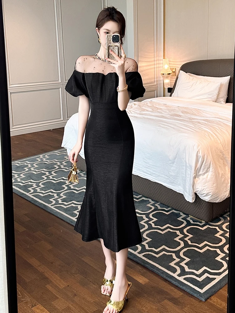 Elegante luxe formele gelegenheid avondjurk vrouwen kleding chic mesh pure sexy o-hals bladerdeeg mouw midi gewaad party prom vestidos