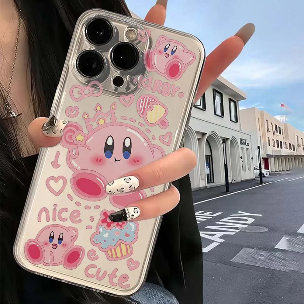 Cartoon Cute Pink Kirbies Phone Case For iPhone 16 15 14 13 12 11 Mini Pro Max X XR XSMax 7 8 Plus SE20 Transparent Cover Funda