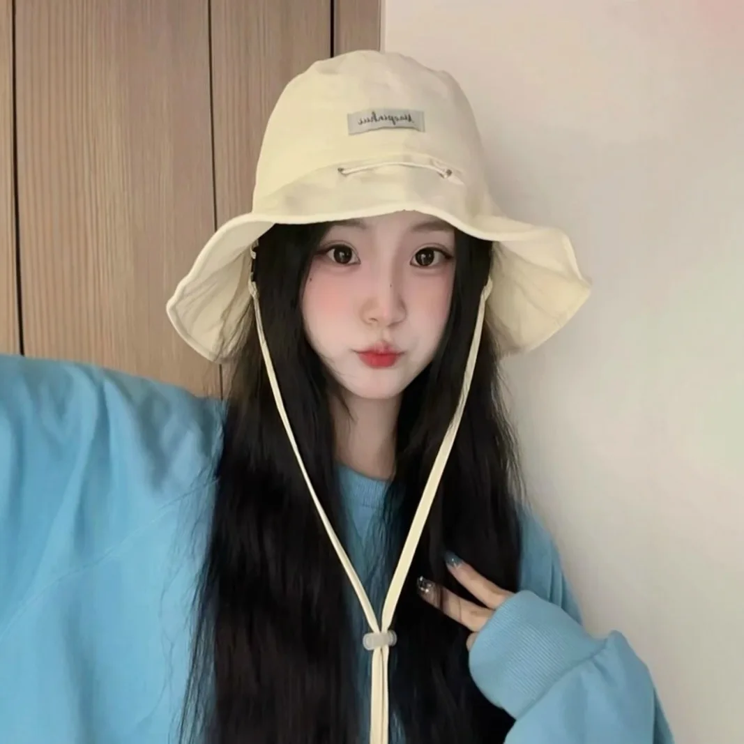 

Candy Color Drawstring Bucket Hat Wide Brim Sun Protection Foldable Fisherman Hat Korean Style Adjustable Sunshade Cap