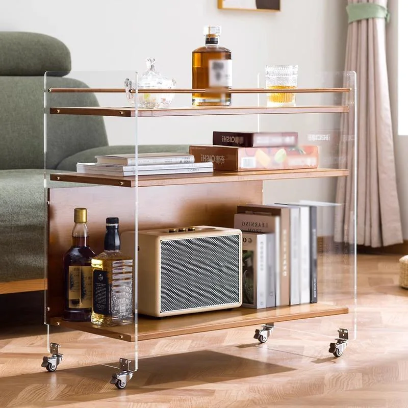 Creative Movable Coffee Table with Glass Shelf Sofa Side Trolley Wheeled Bedside Table Modern Design Living Room Organizer