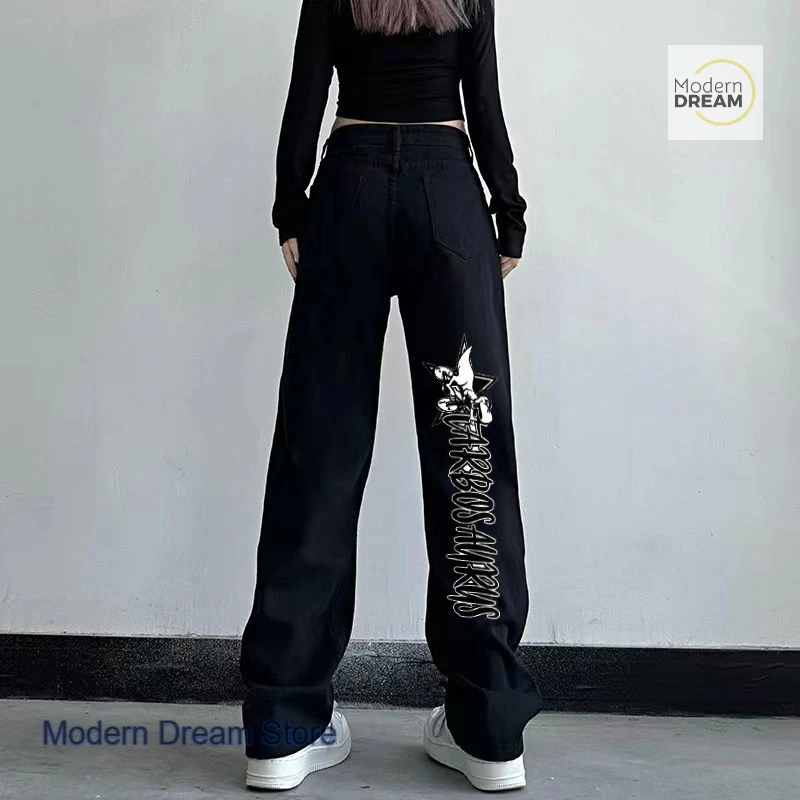 

American style letter star jeans women's spring and autumn new fashion Joker high waist loose straight wide leg casual pants.