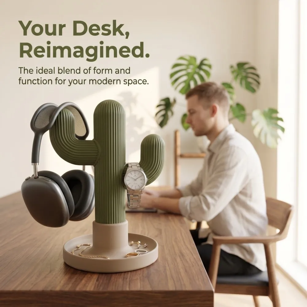 Green Cactus Storage Ornament Multi-Functional 3D Printed Earphone Watch Holder Dorm Decor Simple Headphone Stand Bedroom