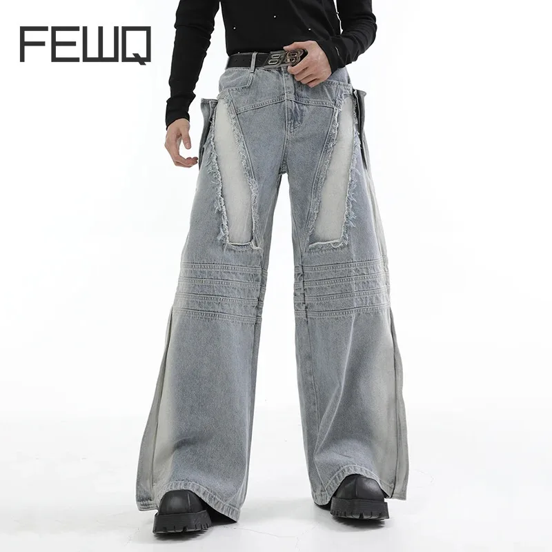 FEWQ Niche Washed Straight Leg Male Jeans Splicing Design 2024 New Fashion Loose Personality Denim Pants 24E2800