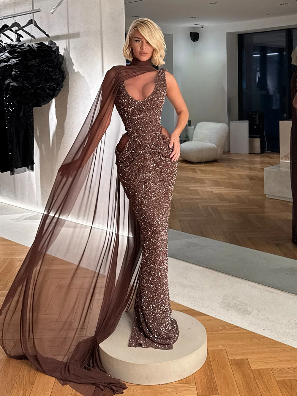 

Brown Dress Draped In Thin Gauze Design Stage Banquet Hosting Temperament Long Dress Birthday Screening Dress