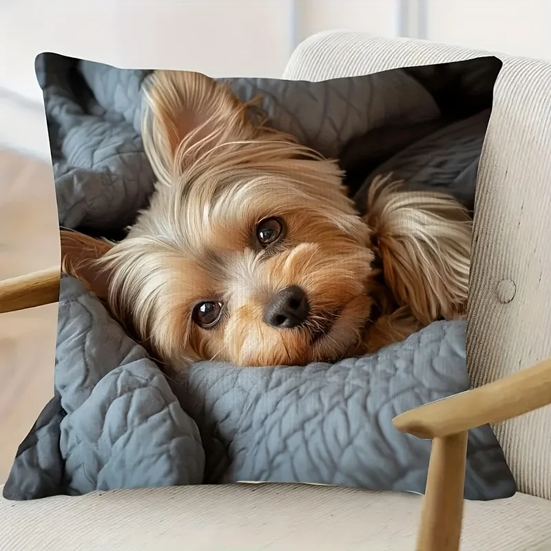 1pc Yorkshire Terrier Cute Dog Print Throw Pillow Cover, Suitable for Sofa, Bedroom, Living Room, a Healing Gift for Dog Lovers.