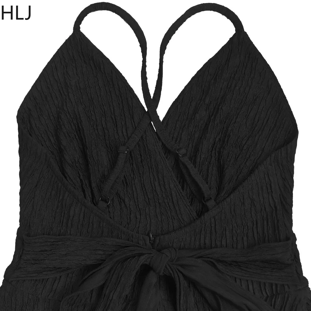 HLJ Sexy Ruched Patchwork Bodycon Dress Women Spaghetti Strap Deep V-neck Backless Dresses Female Streetwear Vestidos 2025 New