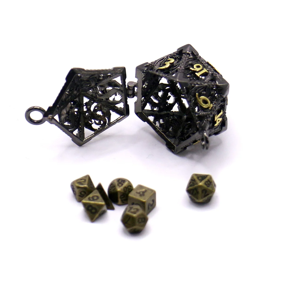 D20 Metal Hollow Box+7pcs Metal Dice Set, Portable Board Game Dice Mini Kit, Darkness Bloodstains Style Dice Pendant